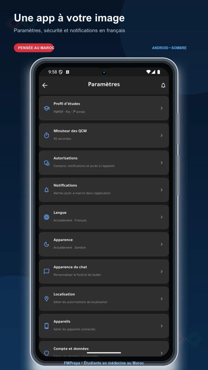 Une app à votre rythme - Langue, apparence, notifications, appareils et confidentialité. - FMPrepa Android